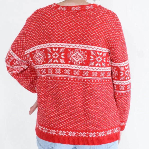 Vintage 90's Cherokee Red  & Cream Snowflake 30% Wool Knit V-Neck Sweater L - Picture 3 of 12